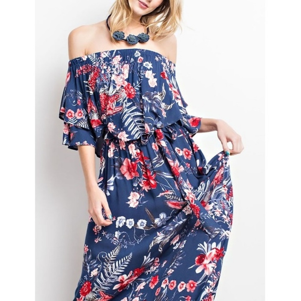 Floral Print Ruffle Off Shoulder Maxi Dress - Picture 4 of 8